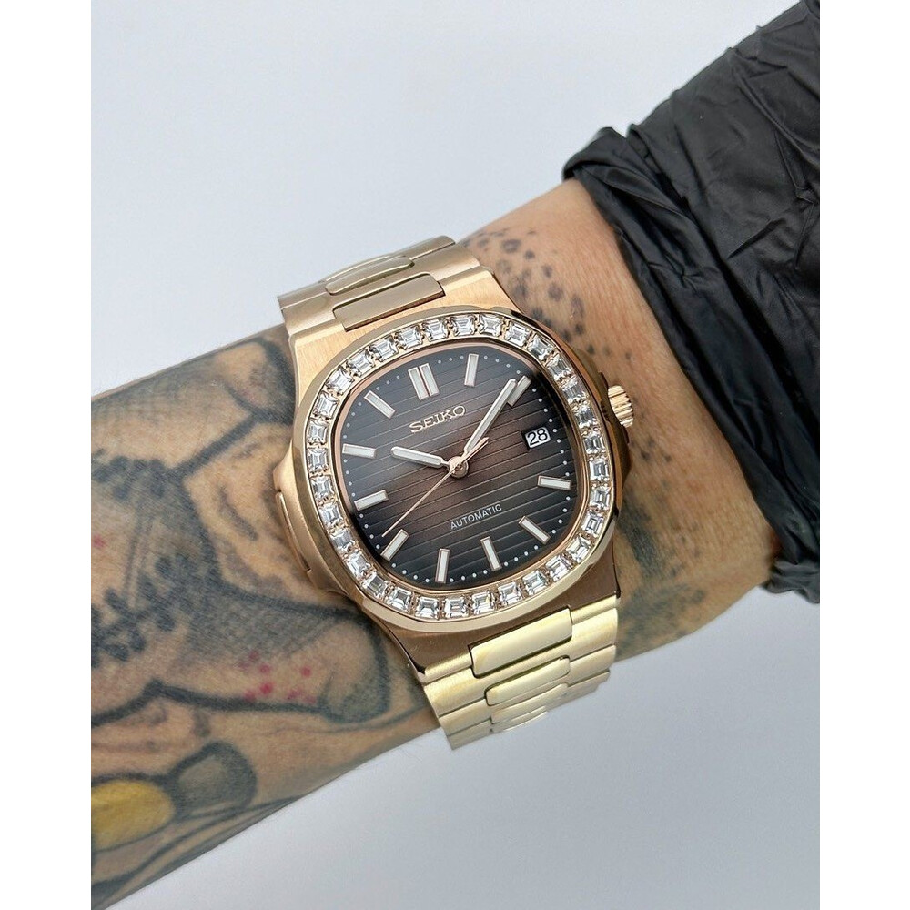 Custom Seiko Mod • Brown Vignette Rose Gold Diamond Nautilus • 40mm